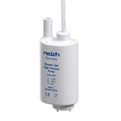 Grå cylindrisk REICH Power Jet pump, 22 l/min, 1,8 bar max. tryck. Specifikationer visas på etiketten.